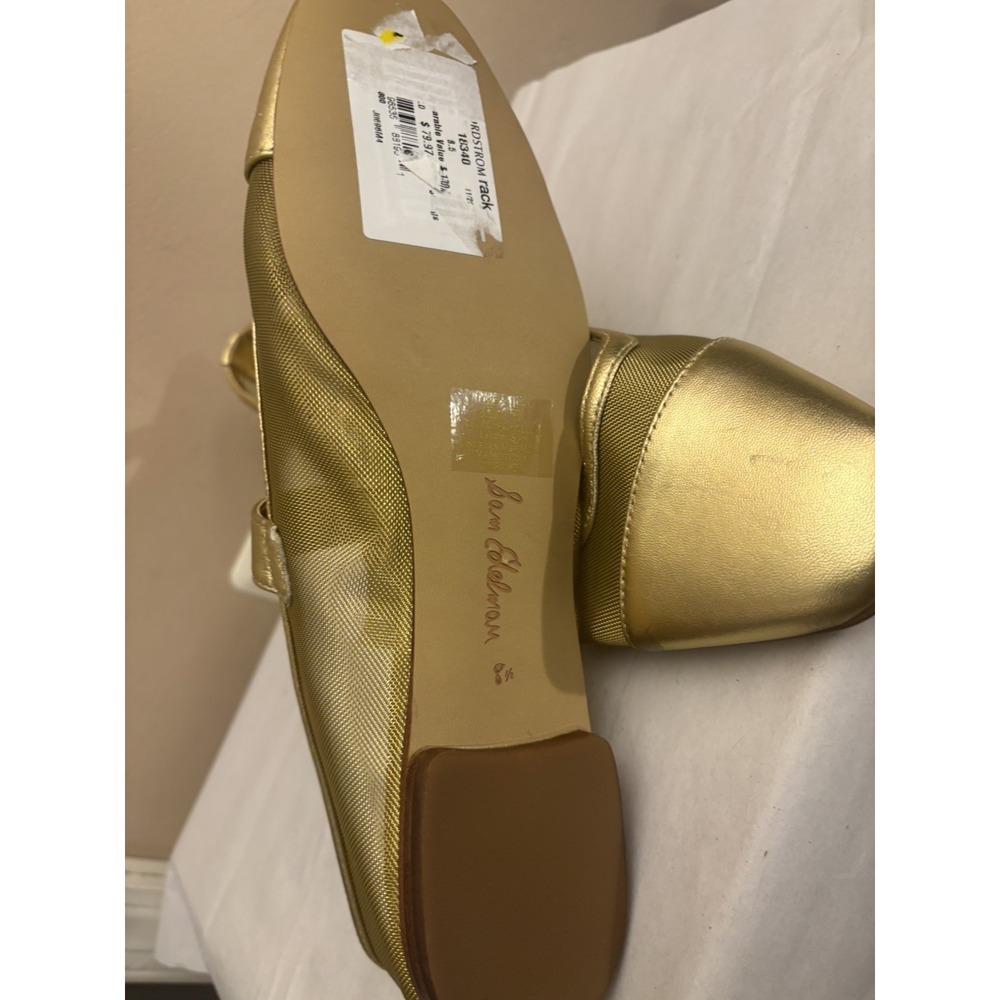 Size 8.5- Sam Edelman Gold Mesh Square Toe Mary Jane Flats Buckle Strap - Picture 7 of 7